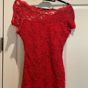 Red lace top off the shoulders with sequins -good condition